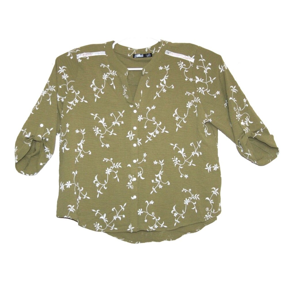 Cure Womens Plus Size 1XL  Green Floral Embroidered 3/4 Sleeve Button Up Top
